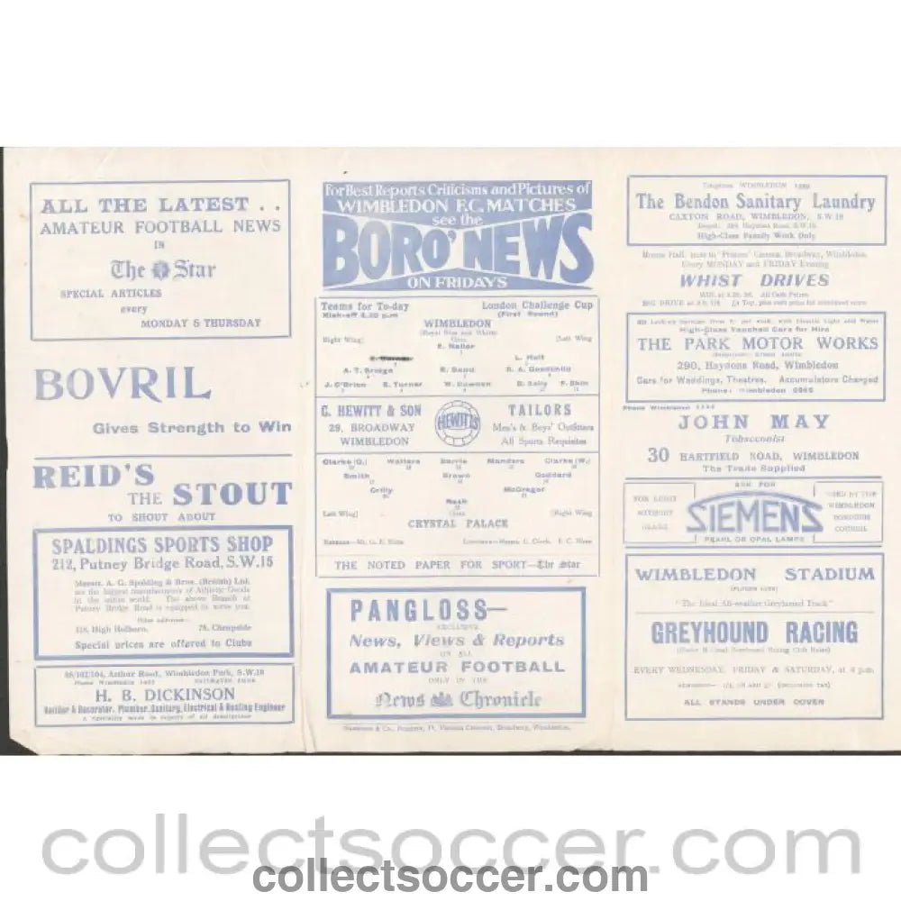 1932 - Wimbledon FC V Crystal Palace London CC 12/10/1932 Football Programme - Collect Soccer