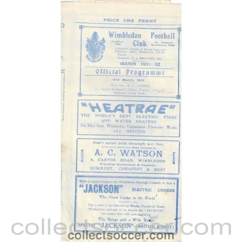1932 - Wimbledon v Kingstonian 12/3/1932 LSC Official Programme - Collect Soccer