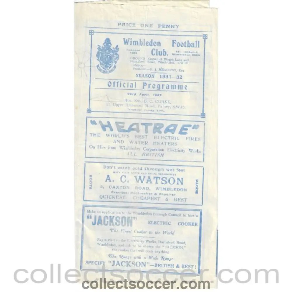 1932 - Wimbledon v The Casuals Official Programme 23/04/1932 - Collect Soccer