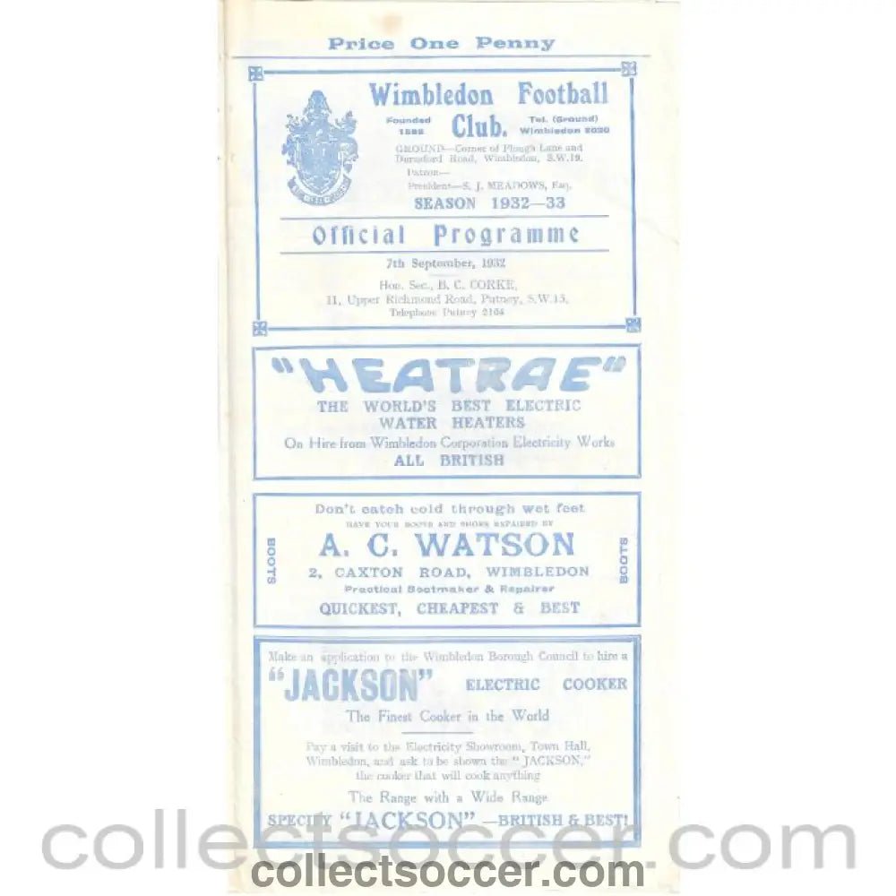 1932 - Wimbledon v Woking 07/09/1932 Official Programme - Collect Soccer