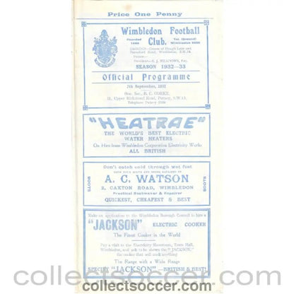 1932 - Wimbledon v Woking 07/09/1932 Official Programme - Collect Soccer