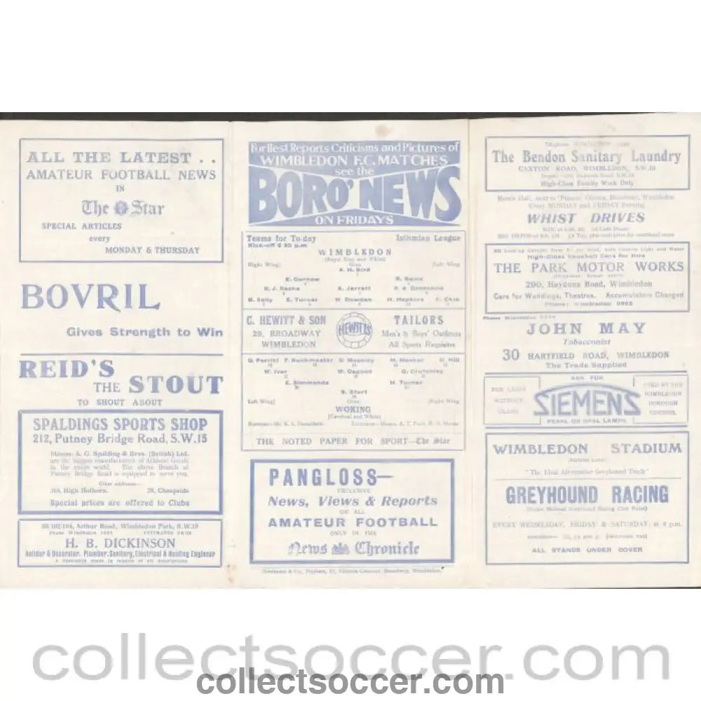 1932 - Wimbledon v Woking 07/09/1932 Official Programme - Collect Soccer