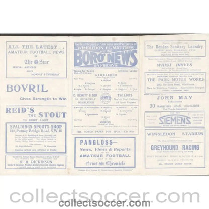 1932 - Wimbledon v Woking 07/09/1932 Official Programme - Collect Soccer