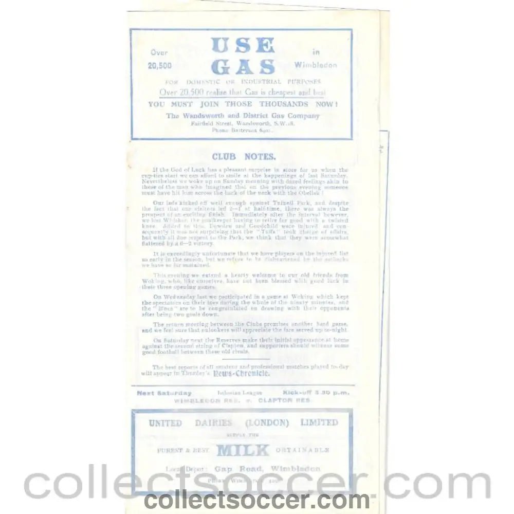 1932 - Wimbledon v Woking 07/09/1932 Official Programme - Collect Soccer