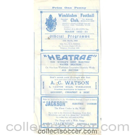 1933 - At Wimbledon FC LSC Semi Final Dulwich Hamlet v Finchley Programme - Collect Soccer