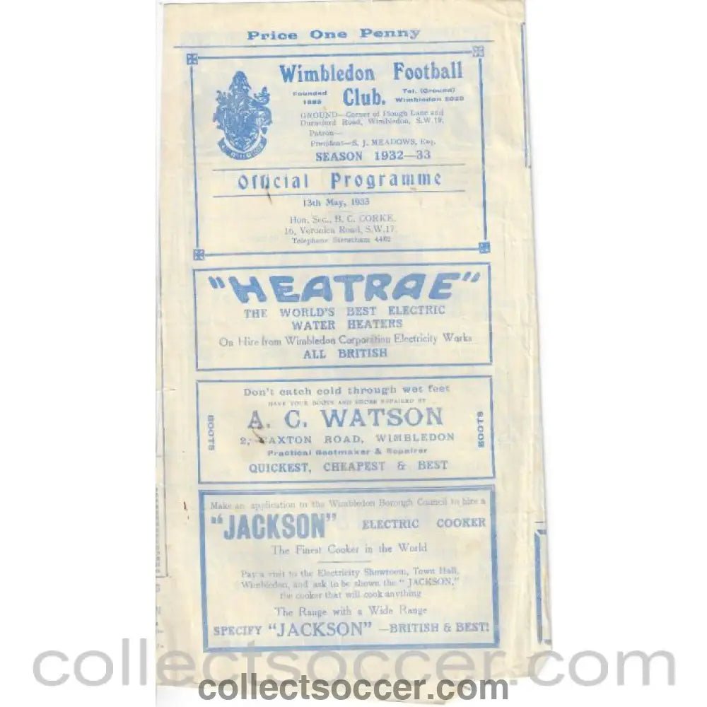 1933 - At Wimbledon SSC Final Dulwich Hamlet v Metropolitan Police 13/5/1933 Official Programme - Collect Soccer