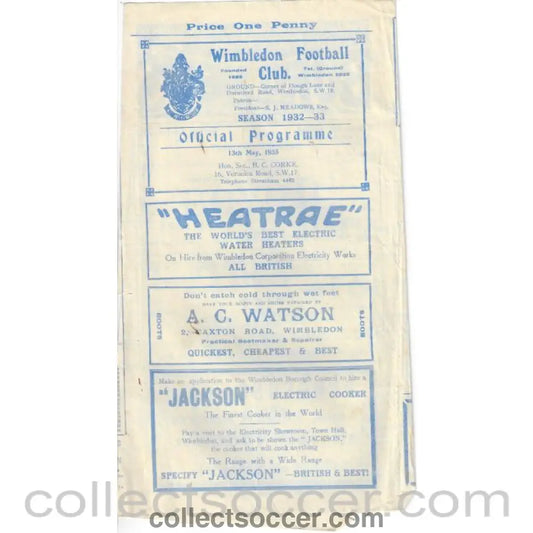 1933 - At Wimbledon SSC Final Dulwich Hamlet v Metropolitan Police 13/5/1933 Official Programme - Collect Soccer