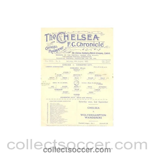 1933 - Chelsea v Coventry City official programme 26/08/1933
