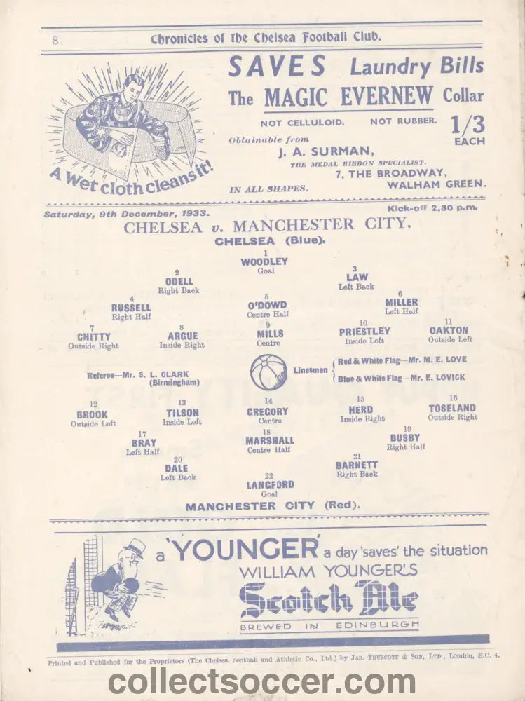 1933 Chelsea v Manchester City Official Programme