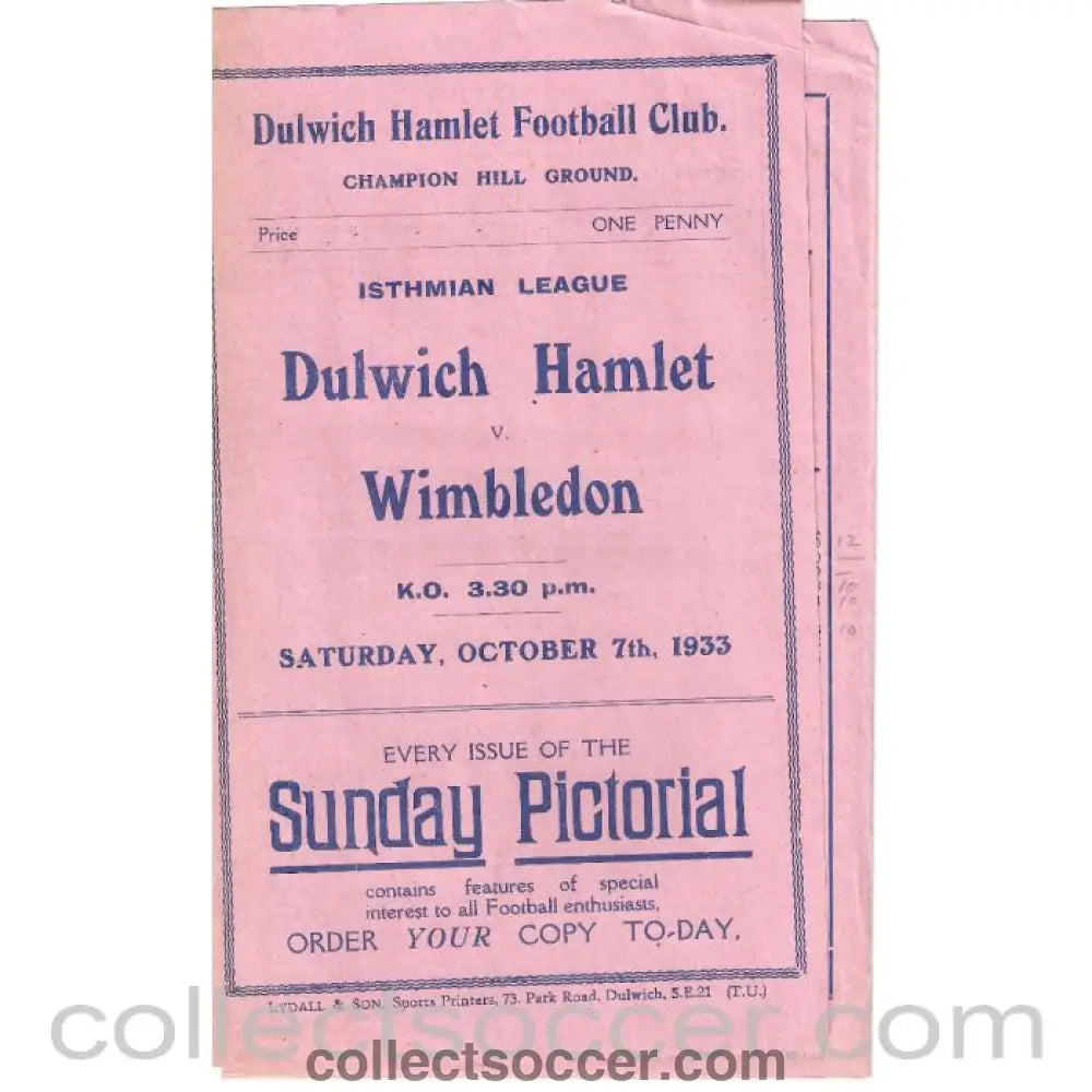 1933 - Dulwich Hamlet v Wimbledon 7/10/1933 Official Programme - Collect Soccer