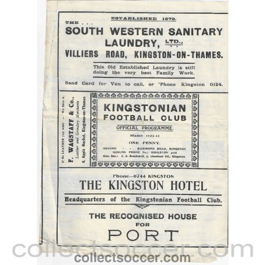 1933 - Kingstonian V Dulwich Hamlet 4th Round FA Amateur Cup 25/2/1933 Programme - Collect Soccer