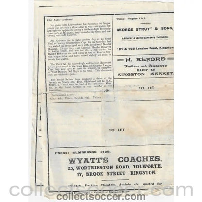 1933 - Kingstonian V Dulwich Hamlet 4th Round FA Amateur Cup 25/2/1933 Programme - Collect Soccer