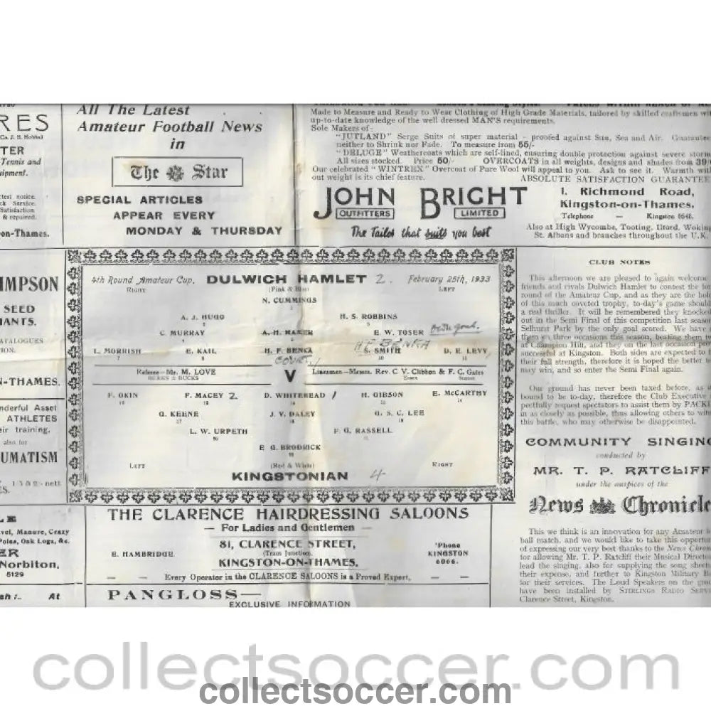 1933 - Kingstonian V Dulwich Hamlet 4th Round FA Amateur Cup 25/2/1933 Programme - Collect Soccer