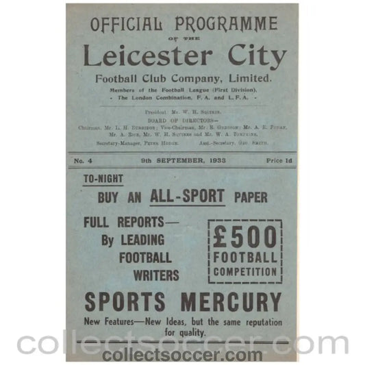 1933 Leicester City v Tottenham Hotspur Official Programme - Collect Soccer