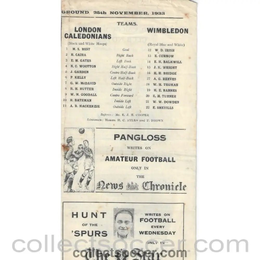 1933 - London Caledonians v Wimbledon 25/11/1933 Official Programme - Collect Soccer
