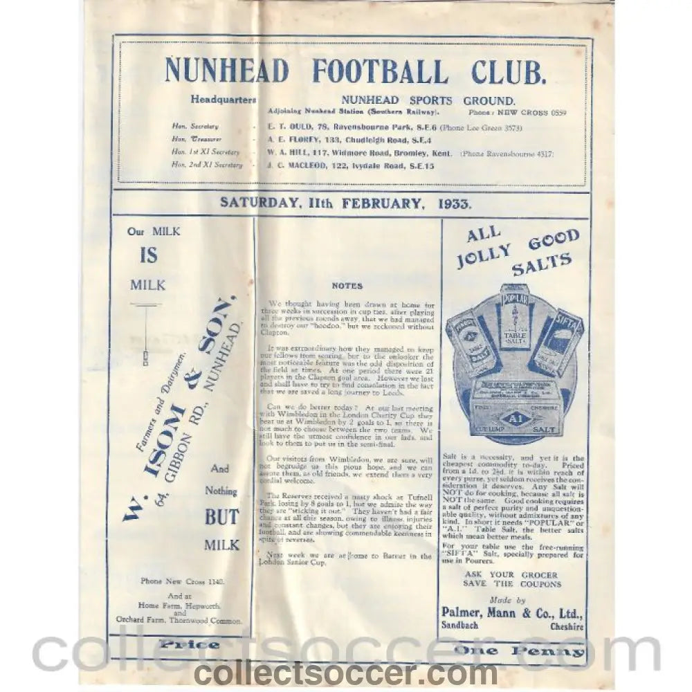 1933 - Nunhead v Wimbledon SSC 2nd Round 11/2/1933 Offical Programme - Collect Soccer