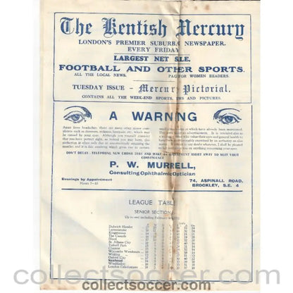 1933 - Nunhead v Wimbledon SSC 2nd Round 11/2/1933 Offical Programme - Collect Soccer