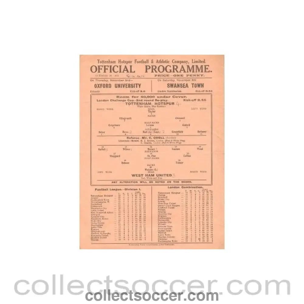 1933 - Tottenham Hotspur v West Ham United official programme 30/10/1933 - Collect Soccer