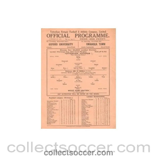 1933 - Tottenham Hotspur v West Ham United official programme 30/10/1933 - Collect Soccer