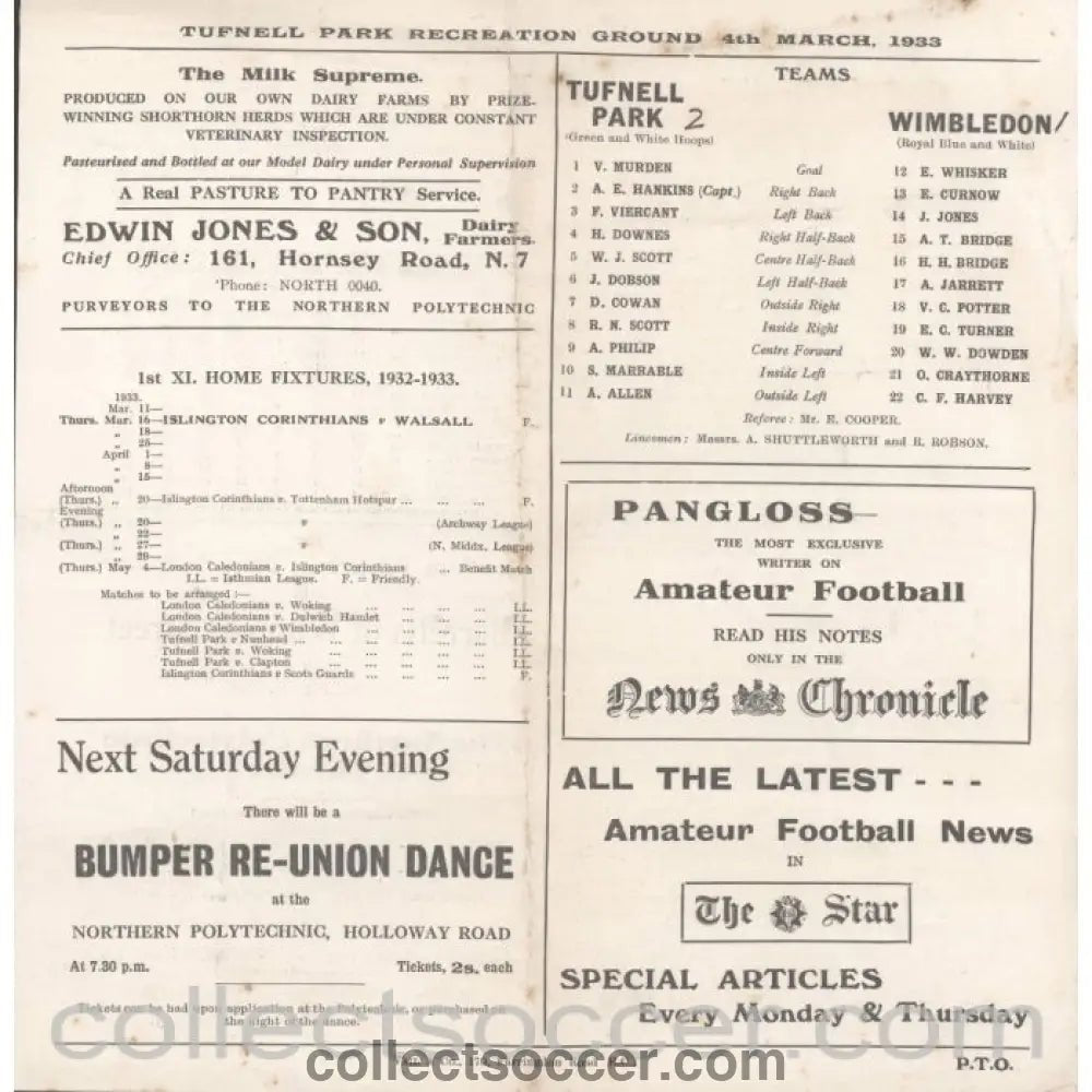 1933 - Tufnell Park v Wimbledon 4/3/1933 Official Programme - Collect Soccer