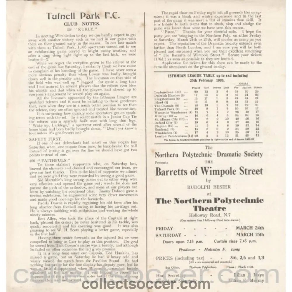 1933 - Tufnell Park v Wimbledon 4/3/1933 Official Programme - Collect Soccer