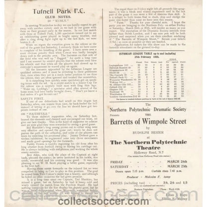 1933 - Tufnell Park v Wimbledon 4/3/1933 Official Programme - Collect Soccer