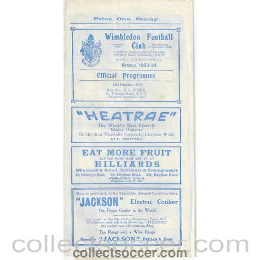 1933 - Wimbledon v Dulwich Hamlet 21/10/1933 Official Programme - Collect Soccer