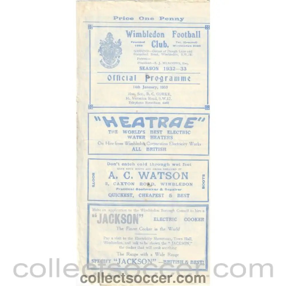 1933 - Wimbledon v Hayes FA Amateur Cup 14/1/1933 Official Programme - Collect Soccer