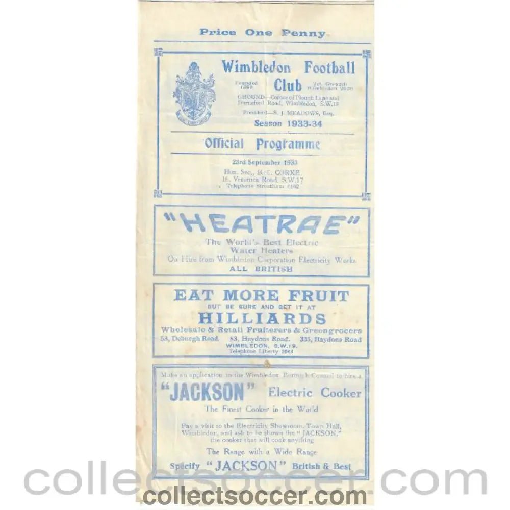 1933 - Wimbledon v Leytonstone 23/9/1933 Official Programme - Collect Soccer