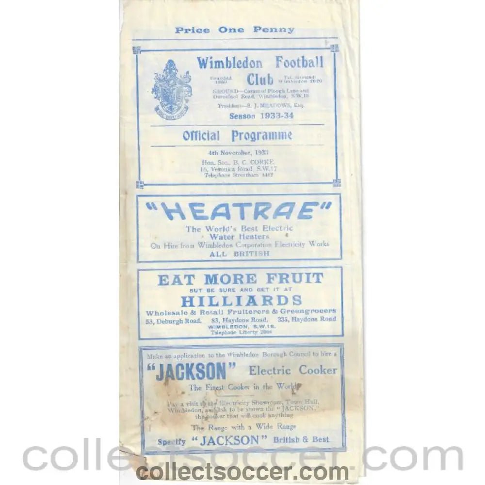 1933 - Wimbledon v London Caledonians 4/11/1933 Official Programme - Collect Soccer
