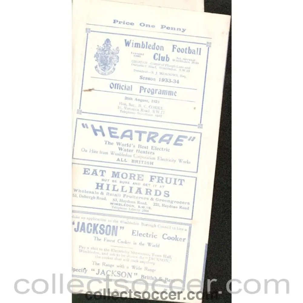 1933 - Wimbledon V Wycombe Wanderers 26/08/1933 Football Programme - Collect Soccer