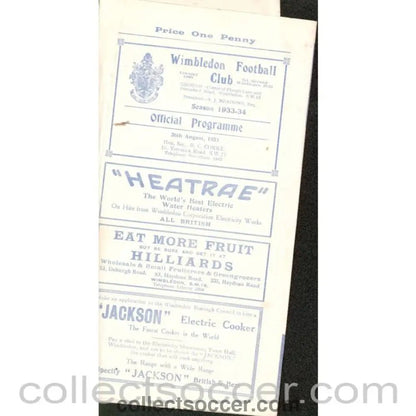 1933 - Wimbledon V Wycombe Wanderers 26/08/1933 Football Programme - Collect Soccer