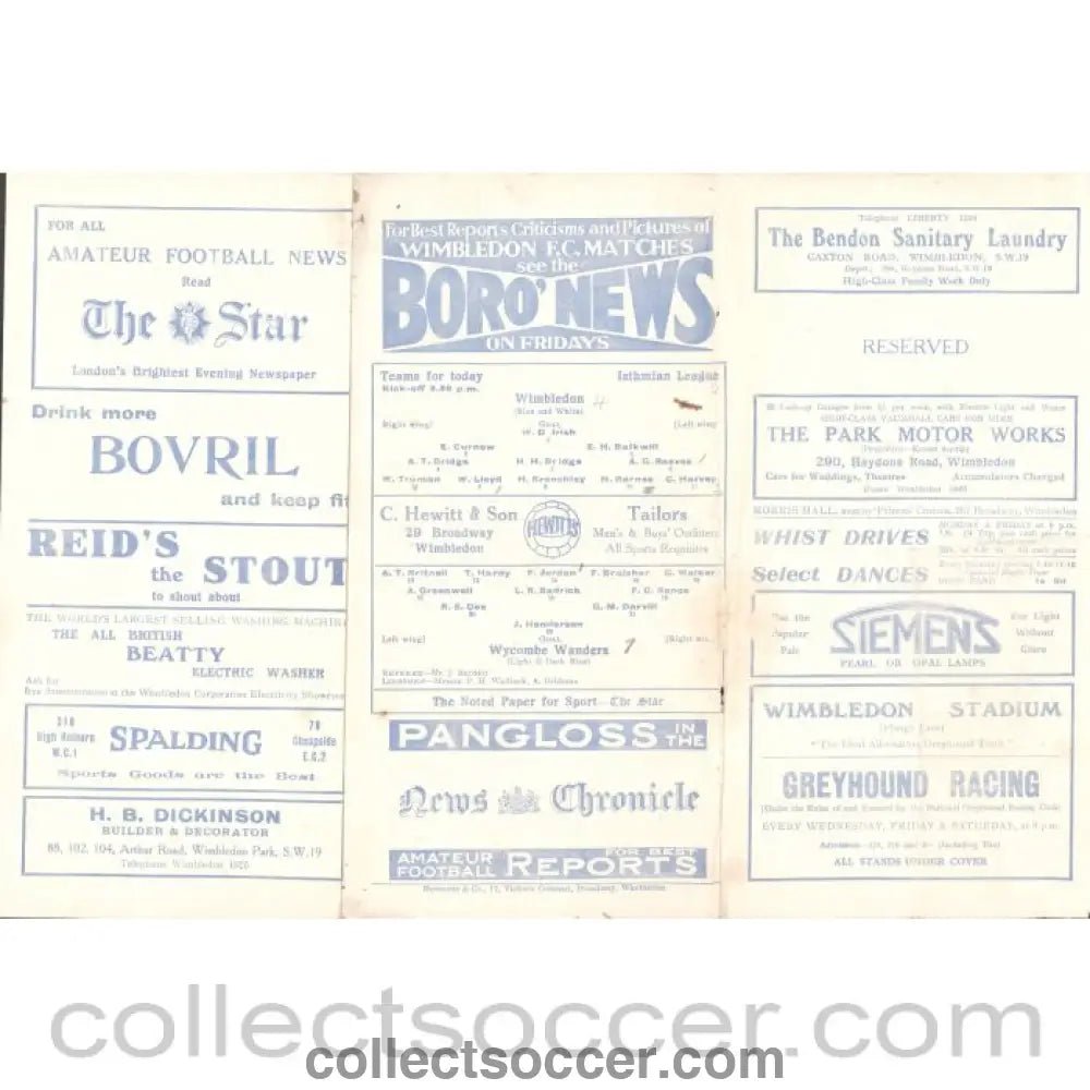1933 - Wimbledon V Wycombe Wanderers 26/08/1933 Football Programme - Collect Soccer