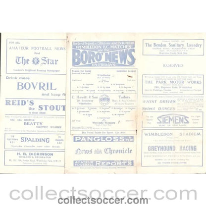 1933 - Wimbledon V Wycombe Wanderers 26/08/1933 Football Programme - Collect Soccer