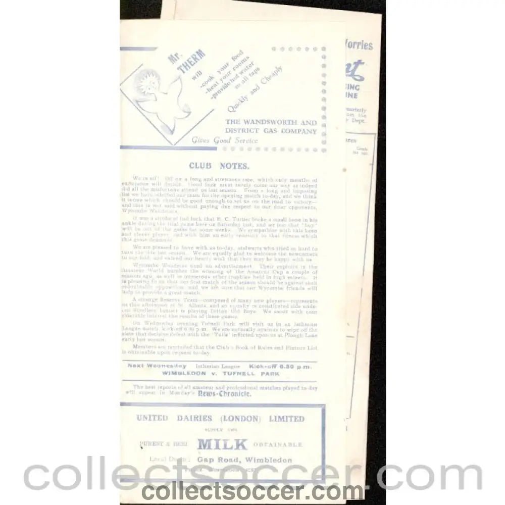 1933 - Wimbledon V Wycombe Wanderers 26/08/1933 Football Programme - Collect Soccer