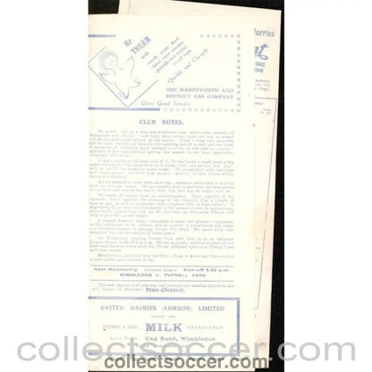 1933 - Wimbledon V Wycombe Wanderers 26/08/1933 Football Programme - Collect Soccer