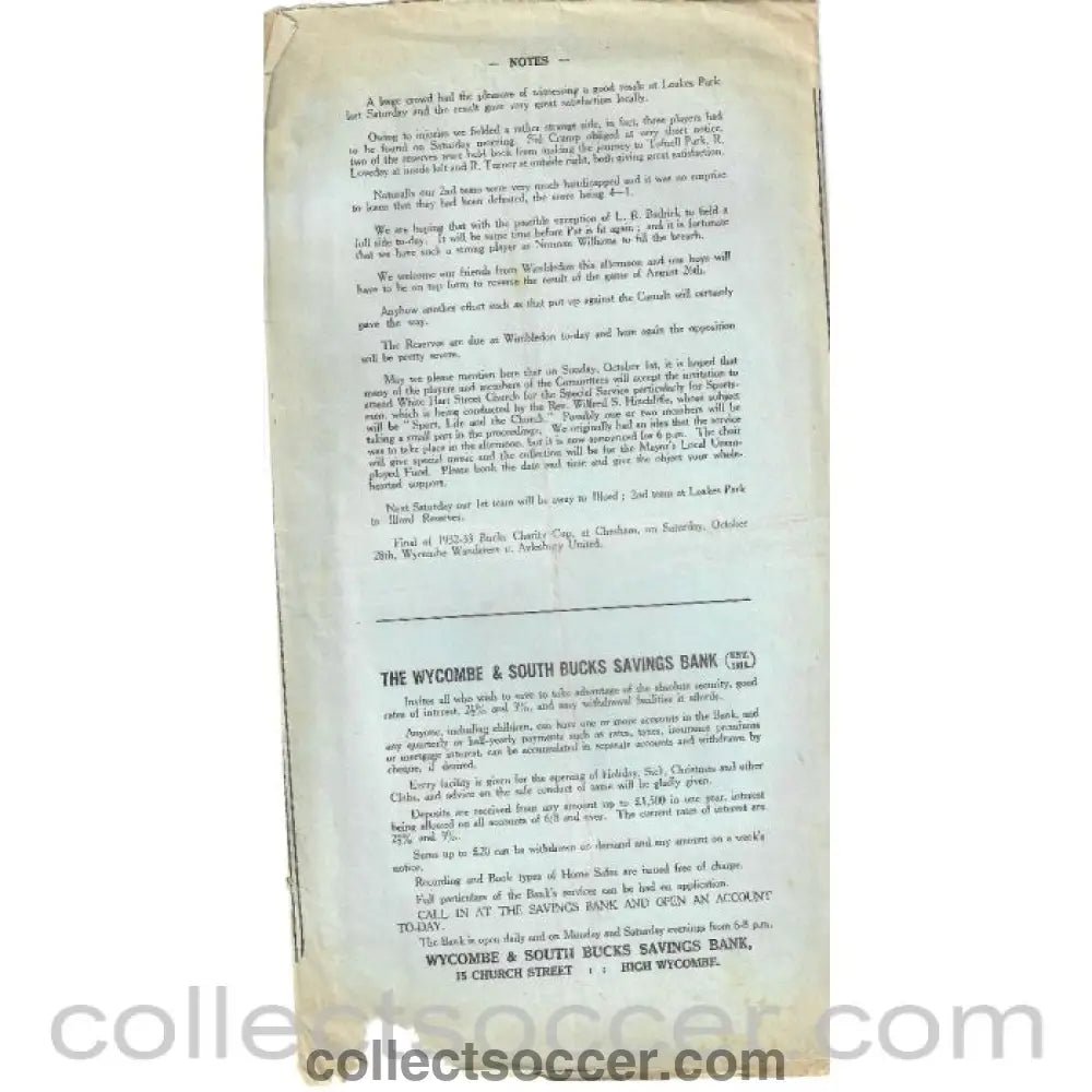 1933 - Wycombe Wanderers v Wimbledon 16/09/1933 Official Programme - Collect Soccer