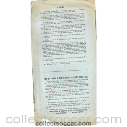 1933 - Wycombe Wanderers v Wimbledon 16/09/1933 Official Programme - Collect Soccer