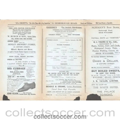 1933 - Wycombe Wanderers v Wimbledon 16/09/1933 Official Programme - Collect Soccer