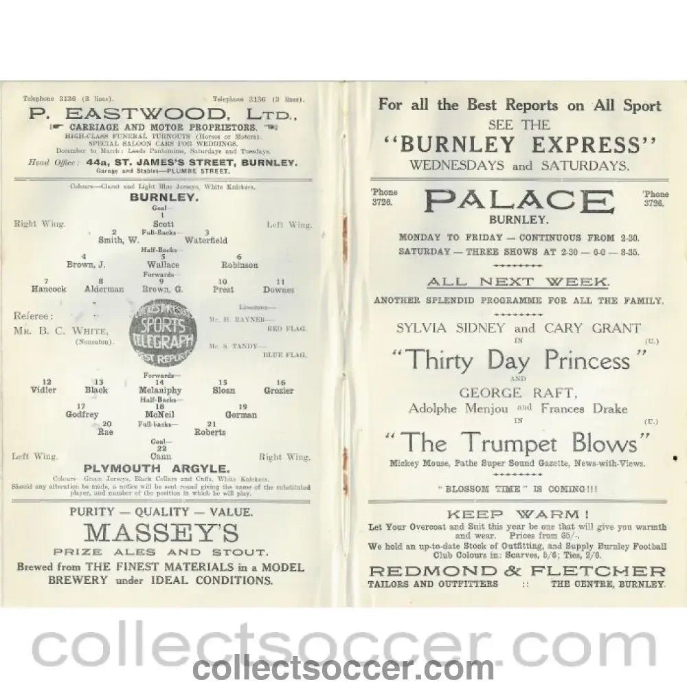 1934 - Burnley V Plymouth Argyle 8/12/1934 Rare Football Programme - Collect Soccer