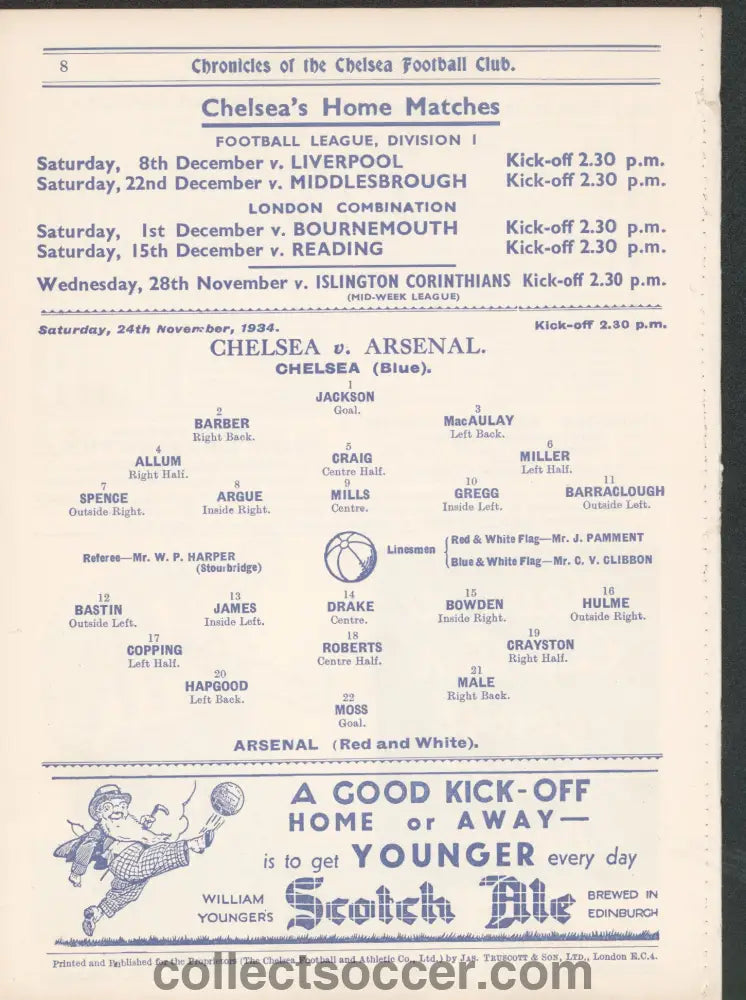 1934 Chelsea v Arsenal Official Programme 24/11/1934