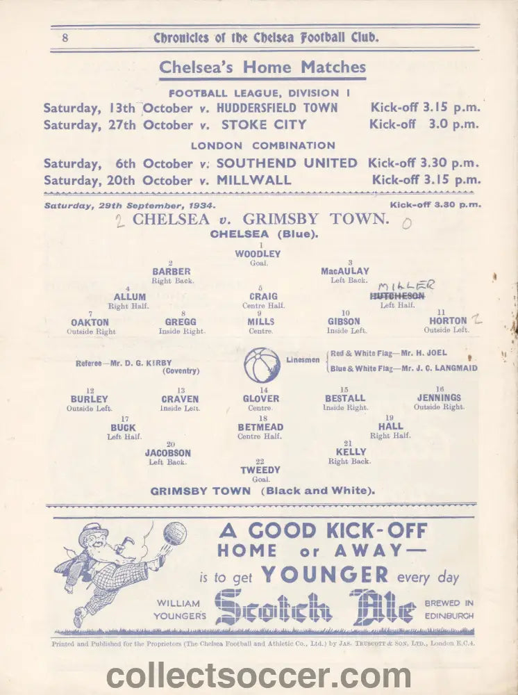 1934 Chelsea v Grimsby Town Official Programme 29/9/1934