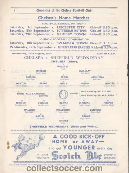 1934 Chelsea v Sheffield Wednesday Original Football Programme 29/8/1934
