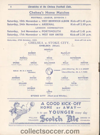 1934 Chelsea v Stoke City Football Programme 27/10//1934