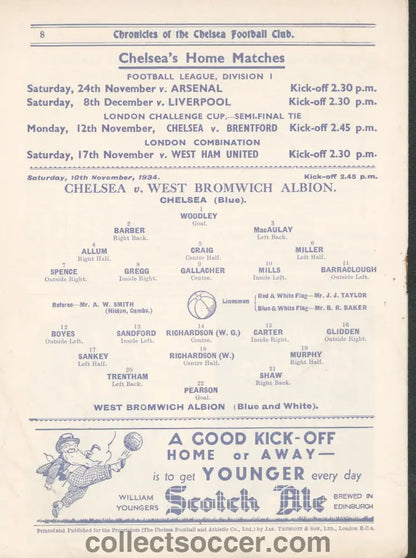 1934 Chelsea v West Bromwich Albion Official Programme 10/11/1934