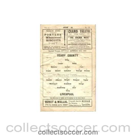 1934 - Derby County v Liverpool official programme 24/11/1934 - Collect Soccer