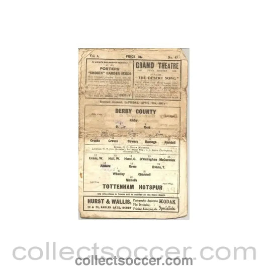 1934 - Derby County v Tottenham Hotspur official programme 07/04/1934