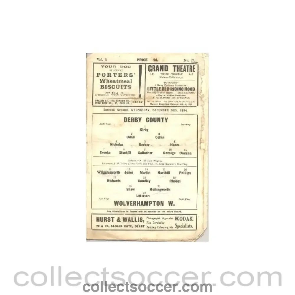 1934 - Derby County v Wolverhampton Wanderers official programme 26/12/1934 - Collect Soccer