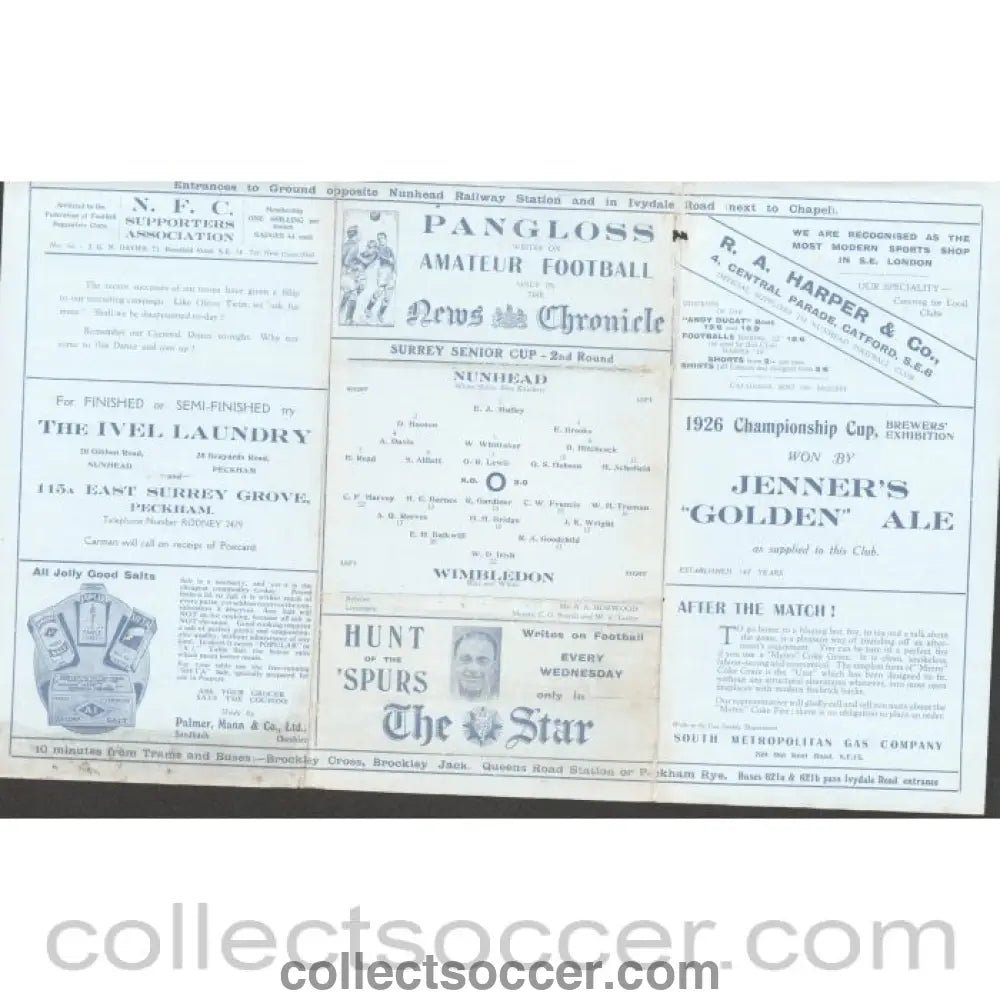 1934 - Nunhead v Wimbledon 17/2/1934 SSC 2nd Round Official Programme - Collect Soccer
