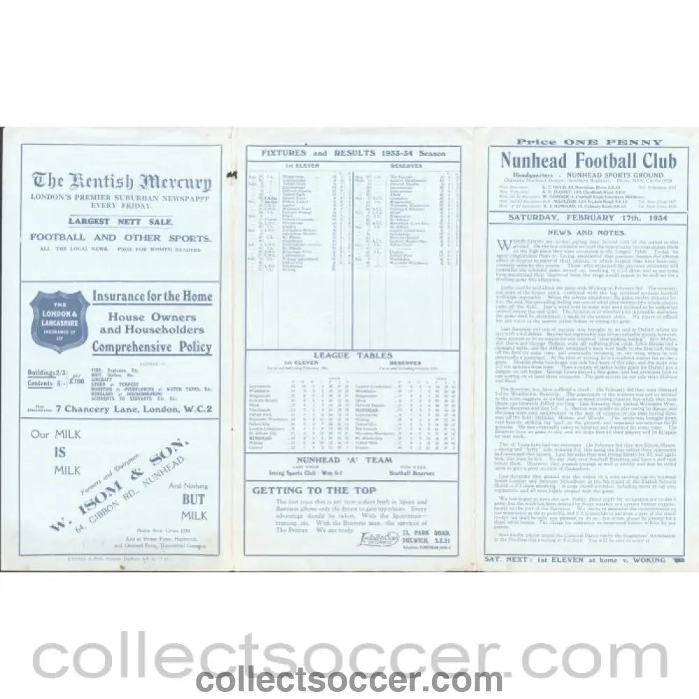 1934 - Nunhead v Wimbledon 17/2/1934 SSC 2nd Round Official Programme - Collect Soccer
